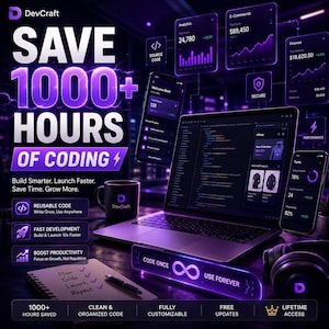 May include: A digital marketing graphic with a laptop, smartphones, and data visualizations. The text reads "SAVE 1000+ HOURS OF CODING" and promotes reusable code, fast development, and boosted productivity. A coffee mug with the DevCraft logo is also visible.