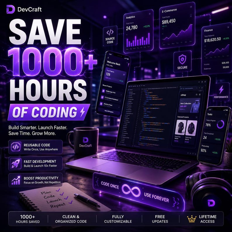 May include: A digital marketing graphic with a laptop, smartphones, and data visualizations. The text reads "SAVE 1000+ HOURS OF CODING" and promotes reusable code, fast development, and boosted productivity. A coffee mug with the DevCraft logo is also visible.