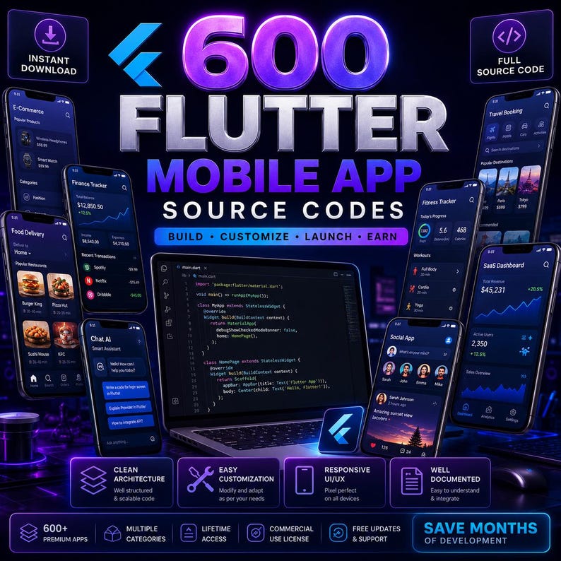 May include: A promotional image showcasing Flutter mobile app source codes. The image features multiple smartphone screens displaying various app interfaces, a laptop with code, and the text "600 Flutter Mobile App Source Codes".