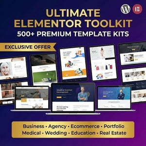 May include: A promotional image for the Ultimate Elementor Toolkit, showcasing various website templates on laptops and tablets. The image features the text "500+ Premium Template Kits" and highlights categories like Business, Agency, and Ecommerce.