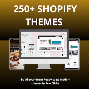 May include: A computer monitor and two smartphones display Shopify themes. The monitor shows a website with furniture, a blue sofa, and the text "NEW FURNITURE STOR 2020." The text "250+ SHOPIFY THEMES" is at the top.