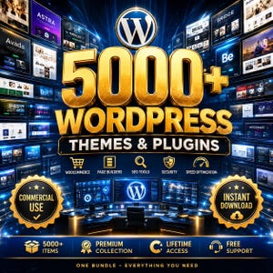 May include: A digital graphic featuring the text 5000+ WORDPRESS THEMES & PLUGINS in large gold lettering. The background displays a grid of website previews, a central computer workstation, and icons for WooCommerce, page builders, and SEO tools.