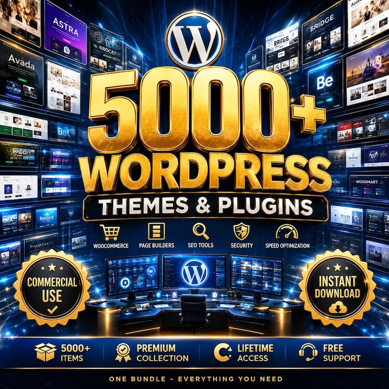K&ouml;nnte beinhalten: Eine digitale Grafik mit dem Text 5000+ WORDPRESS THEMES & PLUGINS in gro&szlig;en goldenen Buchstaben. Der Hintergrund zeigt ein Raster aus Website-Vorschauen, einen zentralen Computer-Arbeitsplatz sowie Symbole f&uuml;r WooCommerce und SEO-Tools.