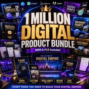 May include: A promotional image for a digital product bundle. The image features the text "1 Million Digital Product Bundle" in gold lettering, along with various digital product categories like Canva templates, eBooks, and stock images. The image also includes the text "The Ultimate Digital Empire".