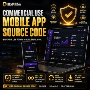 May include: A promotional image for mobile app source code. The image features a laptop and smartphone displaying app interfaces, with text overlayed: "COMMERCIAL USE MOBILE APP SOURCE CODE." Additional text includes "Buy Once, Use Forever - Build. Brand. Earn."