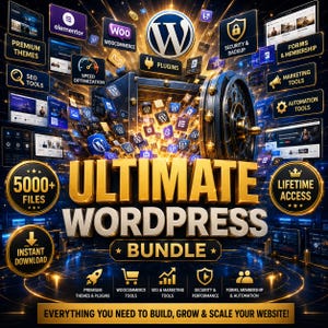 K&ouml;nnte beinhalten: Eine digitale Grafik f&uuml;r ein Ultimate WordPress Bundle mit einer gro&szlig;en goldenen Tresort&uuml;r, zahlreichen Software-Symbolen und Text, einschlie&szlig;lich 5000+ Files, Lifetime Access, Instant Download und Everything You Need to Build, Grow & Scale Your Website.