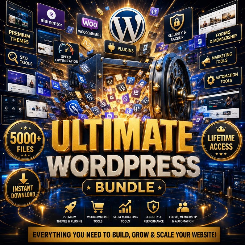 K&ouml;nnte beinhalten: Eine digitale Grafik f&uuml;r ein Ultimate WordPress Bundle mit einer gro&szlig;en goldenen Tresort&uuml;r, zahlreichen Software-Symbolen und Text, einschlie&szlig;lich 5000+ Files, Lifetime Access, Instant Download und Everything You Need to Build, Grow & Scale Your Website.