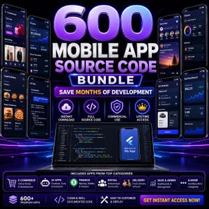 May include: An advertisement for a 600+ mobile app source code bundle. The image displays several smartphone screens with app interfaces, a laptop with code, and the text "Mobile App Source Code Bundle". Includes "Get Instant Access Now!"