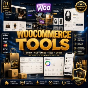 K&ouml;nnte beinhalten: Eine digitale Marketinggrafik f&uuml;r WooCommerce Tools mit einem goldenen 3D-Titel, einem Einkaufswagen-Symbol, Website-Mockups, Analyse-Dashboards, Zahlungsmethoden-Logos sowie goldenen Abzeichen mit der Aufschrift #1 Best Seller und Premium Quality.