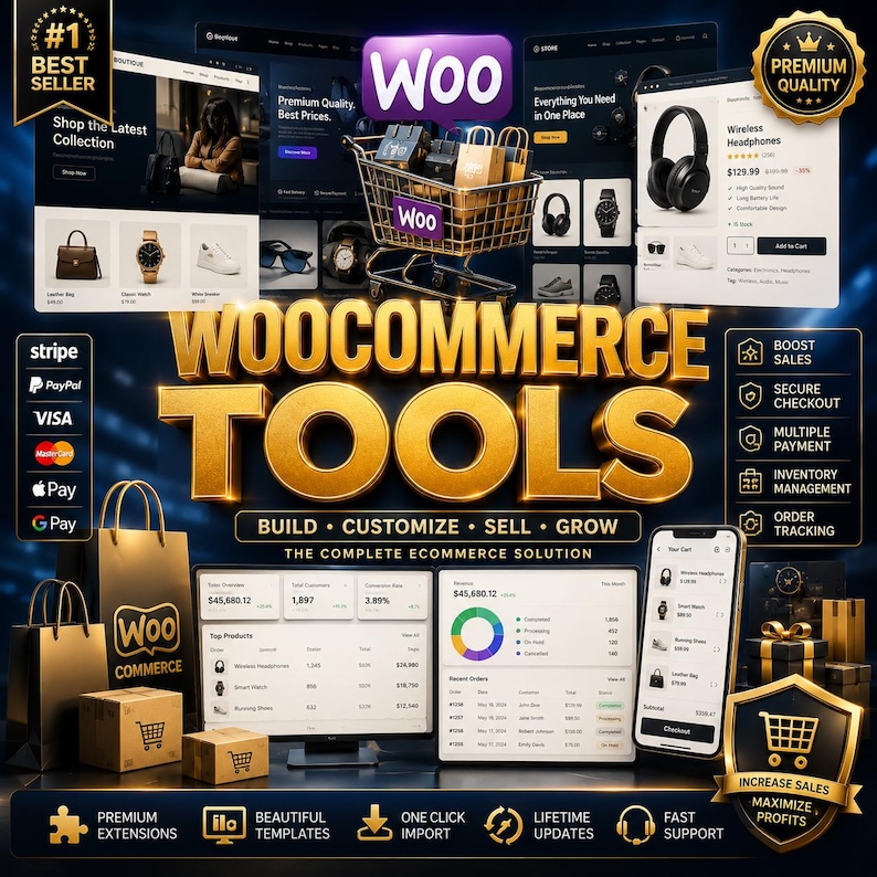 K&ouml;nnte beinhalten: Eine digitale Marketinggrafik f&uuml;r WooCommerce Tools mit einem goldenen 3D-Titel, einem Einkaufswagen-Symbol, Website-Mockups, Analyse-Dashboards, Zahlungsmethoden-Logos sowie goldenen Abzeichen mit der Aufschrift #1 Best Seller und Premium Quality.