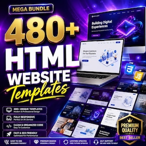 May include: A promotional image for website templates. The image features a laptop and desktop computer displaying website designs. Text includes "480+ HTML WEBSITE Templates" and other details about the templates, such as "Fully Responsive" and "Premium Quality."