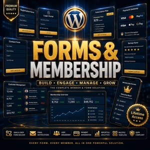 K&ouml;nnte beinhalten: Eine digitale Benutzeroberfl&auml;che mit dem Text FORMS & MEMBERSHIP und einem WordPress-Logo. Das Layout enth&auml;lt verschiedene UI-Elemente wie Registrierungs-, Login-, Kontakt- und Umfrageformulare, einen Abo-Plan, Zahlungsoptionen und Analyse-Dashboards.