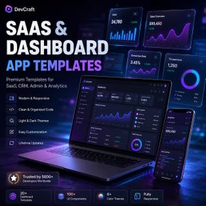 May include: A digital mockup showcasing a laptop and smartphone displaying a dashboard interface. The image features the text "SAAS & DASHBOARD APP TEMPLATES" and includes data visualizations, charts, and key performance indicators. The color scheme is dark with purple accents.