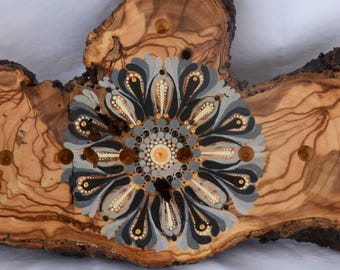 Olive Wood Hanukkah Menorah, Handmade Judaica from Israel’s Negev Border, Mandala Art Rustic Natural Menorah