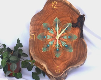 Hand painted Mesquite Wood  wall Clock, Rustic wooden Mandala floral Clock, Farmhouse kitchen decor gift