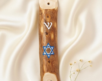 Natural Wood Mezuzah with Blue Star of David, Handmade Israeli Door Mezuzah Case