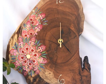 Handcrafted floral rustic wood clock, Wooden mandala wall clock, Farmhouse home decoration gift