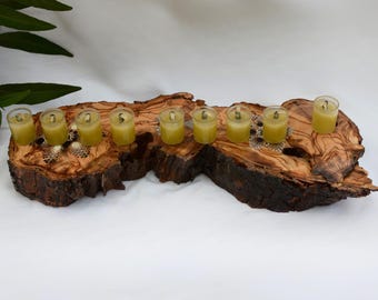 Olive Wood Hanukkah Menorah. Handmade Judaica from Israel’s Negev Border. Natural Bark Menorah with Dot Art