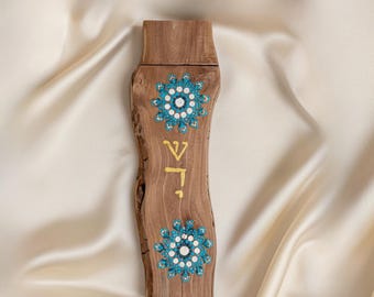 Olive Wood Mezuzah Case, Hand Painted Judaica with Mandala Art, Turquoise and Gold Jewish Door Decor, Home Blessing from Israel