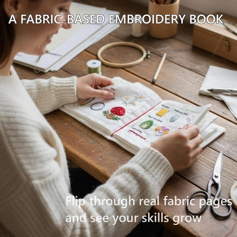Puede incluir: Un libro de bordado abierto con p&aacute;ginas de tela, con dise&ntilde;os cosidos coloridos de una fresa, flores y otros motivos. El texto "A FABRIC-BASED EMBROIDERY BOOK" est&aacute; en la parte superior. El texto "Flip through real fabric pages and see your skills grow" est&aacute; en la parte inferior.