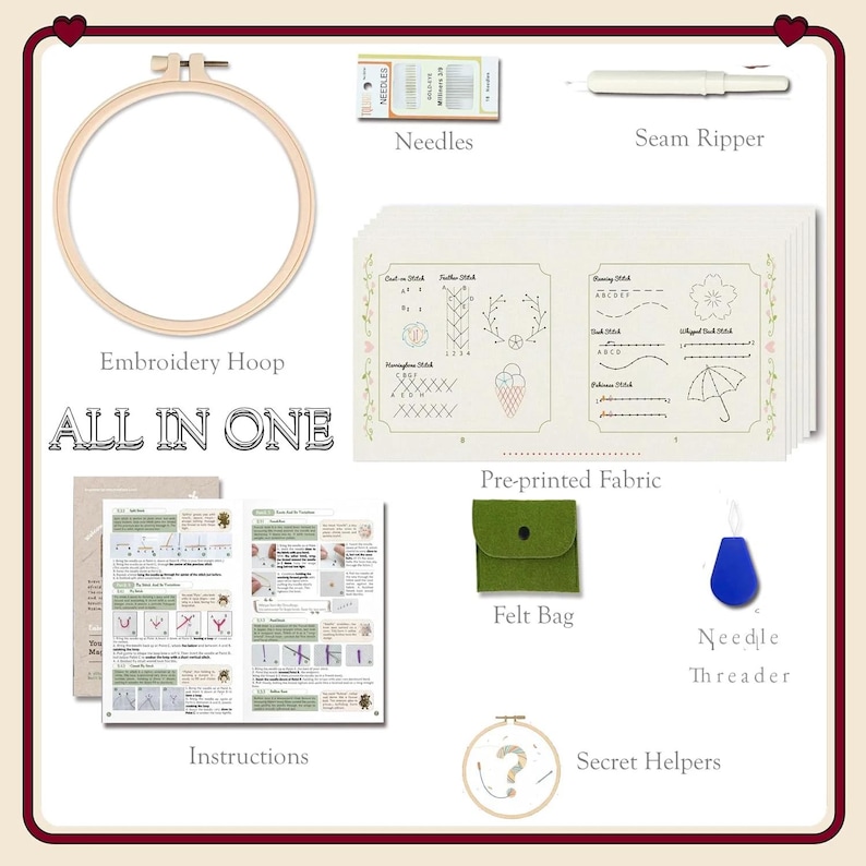 Puede incluir: Un kit de bordado con un bastidor, agujas, un abridor de costuras, tela preimpresa, una bolsa de fieltro, un enhebrador de agujas, instrucciones y ayudantes secretos. El kit incluye el texto "ALL IN ONE" y "Embroidery Hoop".