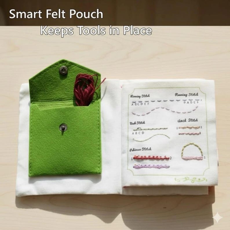 Puede incluir: Una bolsa de fieltro verde con cierre de bot&oacute;n a presi&oacute;n, abierta para revelar hilo rojo. El texto "Smart Felt Pouch Keeps Tools in Place" es visible. Un libro abierto muestra ejemplos de puntadas.
