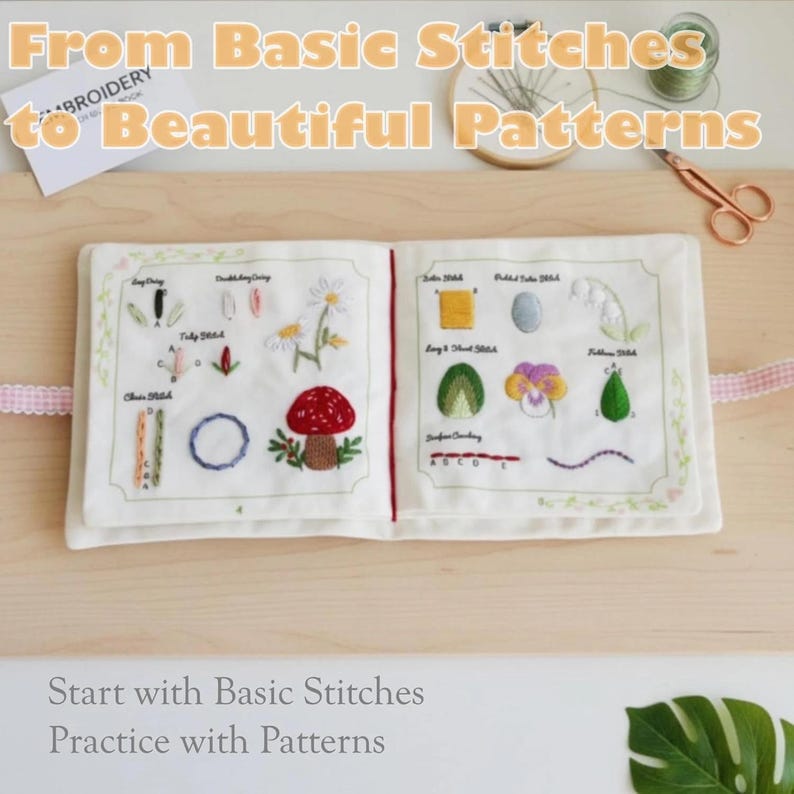 Puede incluir: Un libro abierto con ejemplos de puntadas bordadas, incluyendo un hongo y margaritas. El texto dice "From Basic Stitches to Beautiful Patterns" y "Start with Basic Stitches Practice with Patterns".