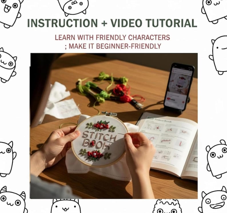 Puede incluir: Un proyecto de bordado en curso, con un bastidor de madera con el texto "STITCH BOOK" y dise&ntilde;os florales. La imagen incluye hilo de bordar, un smartphone que muestra un tutorial en v&iacute;deo y un libro de instrucciones abierto. El texto "INSTRUCTION + VIDEO TUTORIAL" est&aacute; en la parte superior.