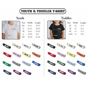 K&ouml;nnte beinhalten: Bild einer Gr&ouml;&szlig;entabelle f&uuml;r T-Shirts f&uuml;r Jugendliche und Kleinkinder. Die Tabelle enth&auml;lt Gr&ouml;&szlig;en, Breiten und L&auml;ngen in cm f&uuml;r T-Shirts f&uuml;r Jugendliche und Kleinkinder. Farbmuster sind ebenfalls abgebildet.