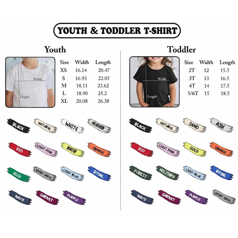 K&ouml;nnte beinhalten: Bild einer Gr&ouml;&szlig;entabelle f&uuml;r T-Shirts f&uuml;r Jugendliche und Kleinkinder. Die Tabelle enth&auml;lt Gr&ouml;&szlig;en, Breiten und L&auml;ngen in cm f&uuml;r T-Shirts f&uuml;r Jugendliche und Kleinkinder. Farbmuster sind ebenfalls abgebildet.