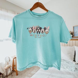 Op de afbeelding: Een lichtblauw t-shirt met een geborduurd ontwerp van Mickey Mouse, Minnie Mouse, Donald Duck, Daisy Duck en Goofy. De tekst "Mickey & Co Est. 1928" staat eronder. Het shirt hangt aan een houten hanger.