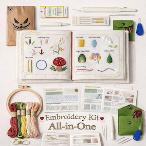 Puede incluir: Un kit de bordado completo con varios suministros. El kit incluye un libro abierto con ejemplos de bordado, un bastidor de madera con hilos de colores, agujas y otras herramientas. El texto "Embroidery Kit All-in-One" es visible.