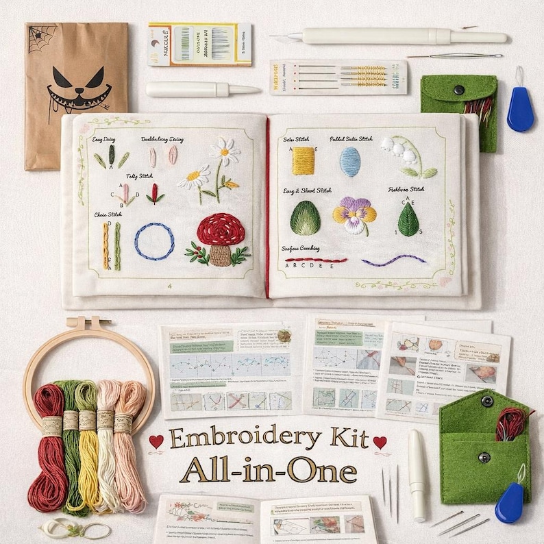 Puede incluir: Un kit de bordado completo con varios suministros. El kit incluye un libro abierto con ejemplos de bordado, un bastidor de madera con hilos de colores, agujas y otras herramientas. El texto "Embroidery Kit All-in-One" es visible.