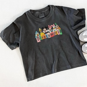 May include: Dark grey t-shirt with a Disney World graphic. The graphic features cartoon characters including Mickey and Minnie Mouse, Donald Duck, and Goofy. The words "Disney World" are displayed in colourful letters.
