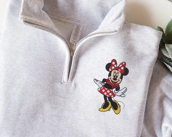 Embroidered Minnie Mouse Quarter Zip Sweatshirt, Disney Fitted Y2K Cute Vacation Sweatshirt for Women