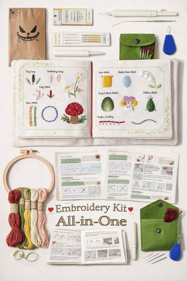 Puede incluir: Un kit de bordado completo con agujas, hilo, un bastidor de madera y un folleto con diagramas de puntadas. El kit incluye una bolsa de papel marr&oacute;n con un dise&ntilde;o de Halloween y una funda de fieltro verde. Medidas en cm.