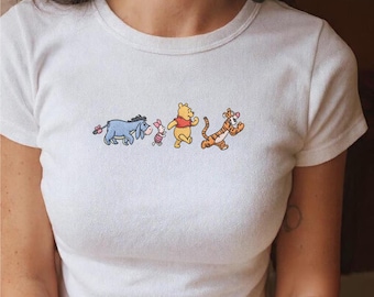 Winnie the Pooh Embroidered Baby Tee, Pooh Friends Fitted Cropped Shirt, Disneyland Trip Top
