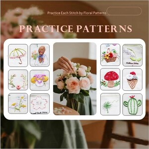Puede incluir: Imagen que muestra patrones de bordado para practicar, con temas florales. Los dise&ntilde;os bordados incluyen un paraguas, flores, una seta y un cactus. El texto en la parte superior dice "Practice Each Stitch by Floral Patterns" y "PRACTICE PATTERNS".