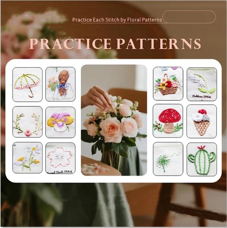Puede incluir: Imagen que muestra patrones de bordado para practicar, con temas florales. Los dise&ntilde;os bordados incluyen un paraguas, flores, una seta y un cactus. El texto en la parte superior dice "Practice Each Stitch by Floral Patterns" y "PRACTICE PATTERNS".