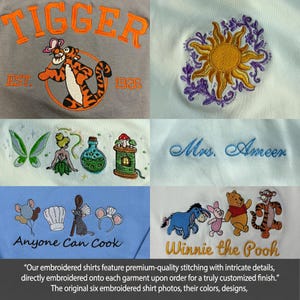 May include: A collection of embroidered shirt designs. The designs feature Tigger, a sun with purple detailing, Tinkerbell, a potion bottle, a mushroom house, "Mrs. Ameer", a chef design with the text "Anyone Can Cook", and Winnie the Pooh characters. The text "EST. 1926" is also present.