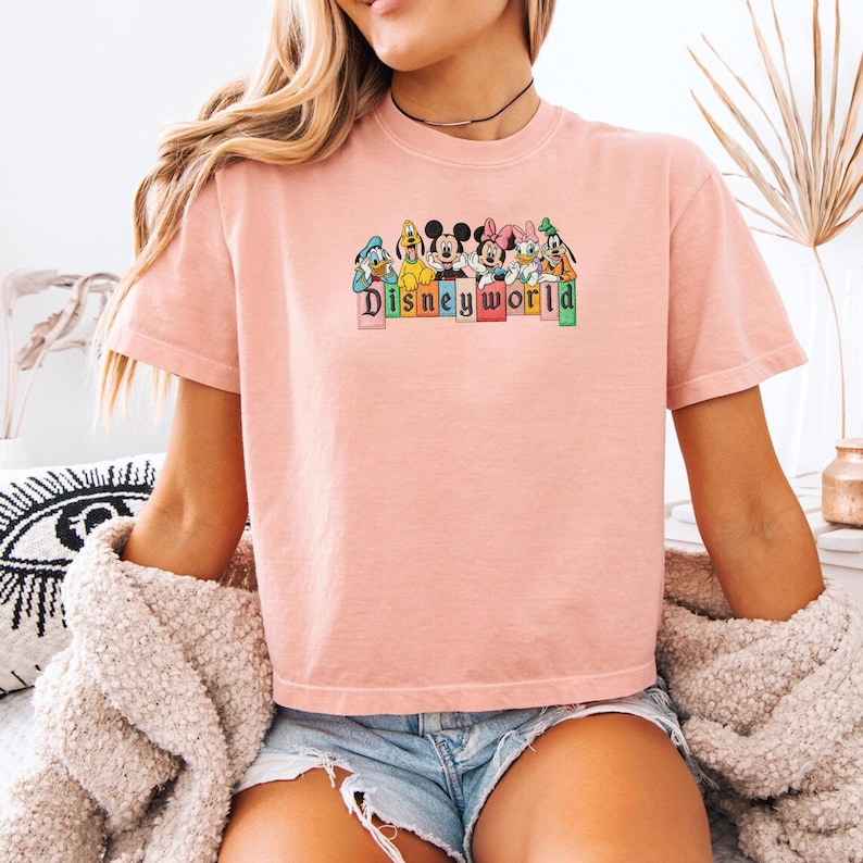 May include: A pale pink t-shirt with a graphic of Disney characters and the text "Disneyworld". The characters include Mickey Mouse, Minnie Mouse, Donald Duck, Goofy, and Daisy Duck. The shirt has short sleeves and a crew neck.