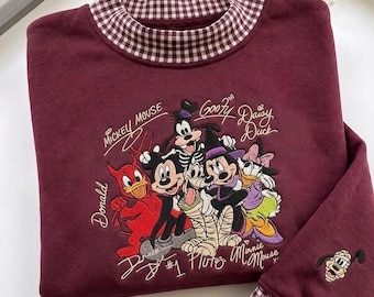 Vintage Halloween Embroidered Sweatshirt, Spooky Mickey Mouse and Friends Crewneck, Plaid Trim Fall Sweater, Retro Theme Park Spooky Trip