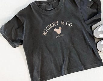 Geborduurd boxy-shirt Mickey Est 1928, vintage Mickey comfort-kleuren crop-top, retro Disney-babyt-shirt