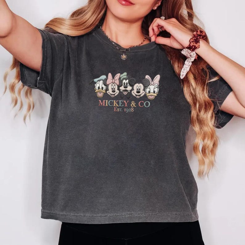 Op de afbeelding: Donkergrijs T-shirt met de tekst "Mickey & Co Est. 1928" en gezichten van stripfiguren. Het shirt heeft een ronde hals en korte mouwen. De afbeelding bevat Donald Duck, Minnie Mouse, Mickey Mouse en Daisy Duck.