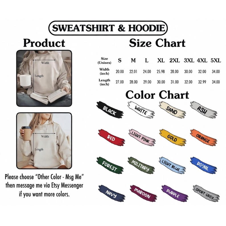 K&ouml;nnte beinhalten: Eine Gr&ouml;&szlig;en- und Farbtabelle f&uuml;r Sweatshirts und Hoodies. Die Tabelle enth&auml;lt Gr&ouml;&szlig;enangaben in Zoll, von S bis 5XL. Farboptionen sind Schwarz, Wei&szlig;, Rot, Sand, Asch, Orange, Gold, Hellrosa, Hellblau, Royal, Wald, Milit&auml;r, Marine, Burgunderrot, Lila und Sportgrau.