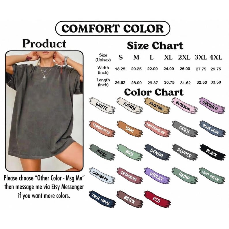 Op de afbeelding: Een donkergrijs Comfort Color T-shirt met een maat- en kleurentabel. De maattabel geeft de afmetingen in inches voor de maten S t/m 4XL. De kleurentabel toont verschillende kleuren, waaronder wit, ivoor en zwart. De tekst op de afbeelding luidt "Please choose Other Color - Msg Me".