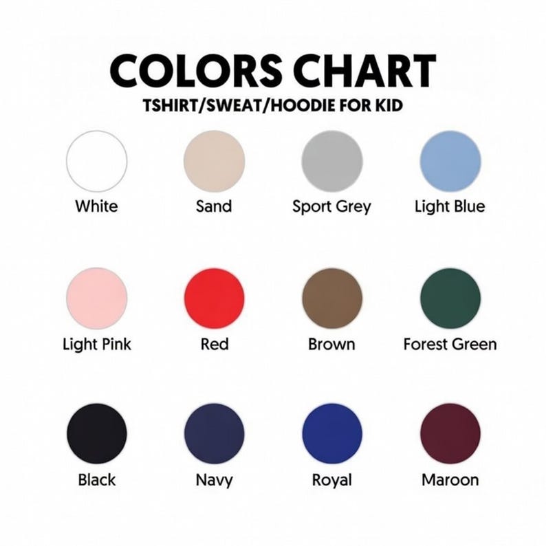 K&ouml;nnte beinhalten: Farbtabelle f&uuml;r Kinder-T-Shirts, Sweatshirts und Hoodies. Die Tabelle zeigt zw&ouml;lf Farboptionen, darunter Wei&szlig;, Sand, Sportgrau, Hellblau, Hellrosa, Rot, Braun, Waldgr&uuml;n, Schwarz, Marine, Royal und Burgunderrot.