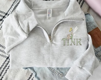 Embroidered Tinker Bell Quarter Zip Sweatshirt Disney Fairy Princess Fitted Cute Trip Sweatshirt for Women