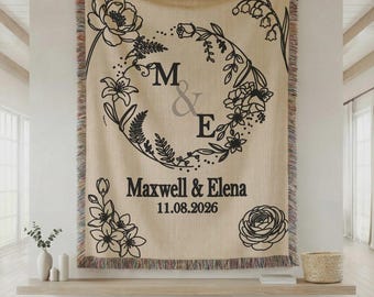 Personalized Couple Woven Blanket Custom Initials Blanket Wedding Gift for Couple Engagement Gift Anniversary Blanket Floral Wreath