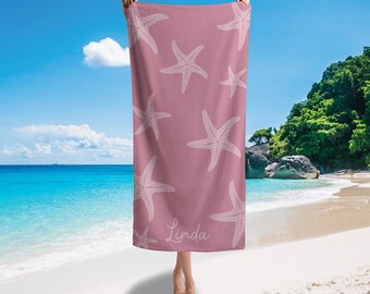Personalized Starfish Beach Towel Custom Name Pink Coastal Towel Cute Summer Gift for Women Girls Vacation Pool Towel